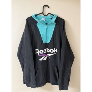 REEBOK Sweatshirt Mens L Fleece Retro Vector Quarter Zip Pullover Vintage Black